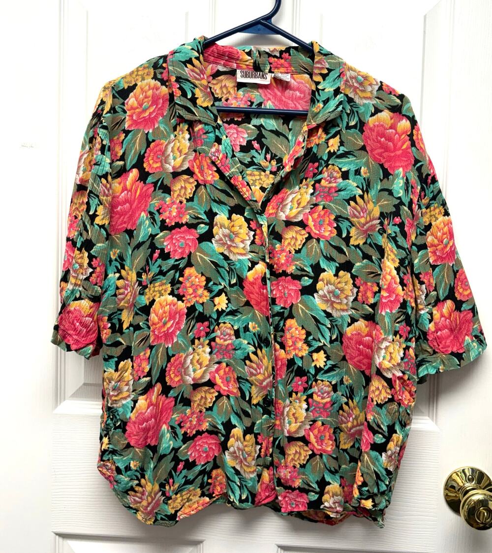 Suburbans Blouse Vintage Floral Top Rayon Button Up Short Sleeve Collar Size 14